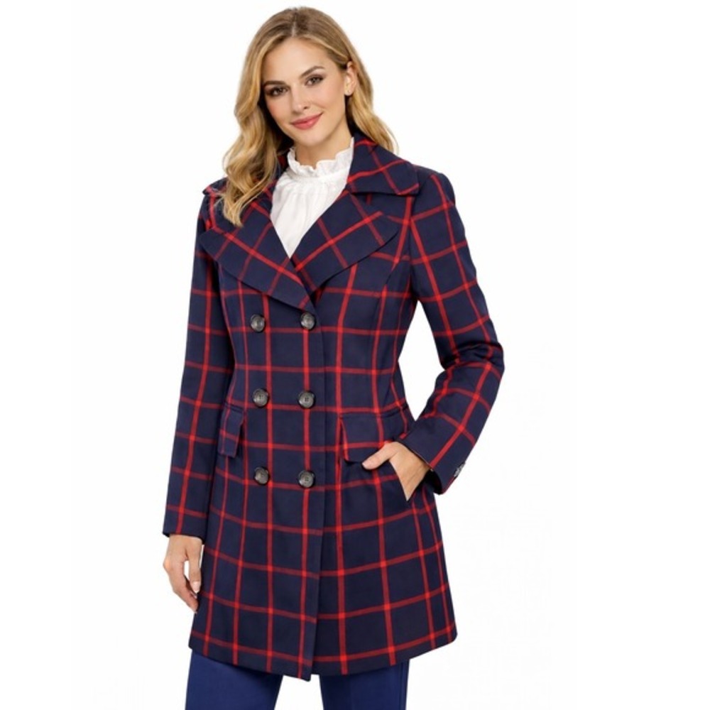 The Limited Navy Red Windowpane Plaid Double Breasted Trench Coat M Preppy 80-26